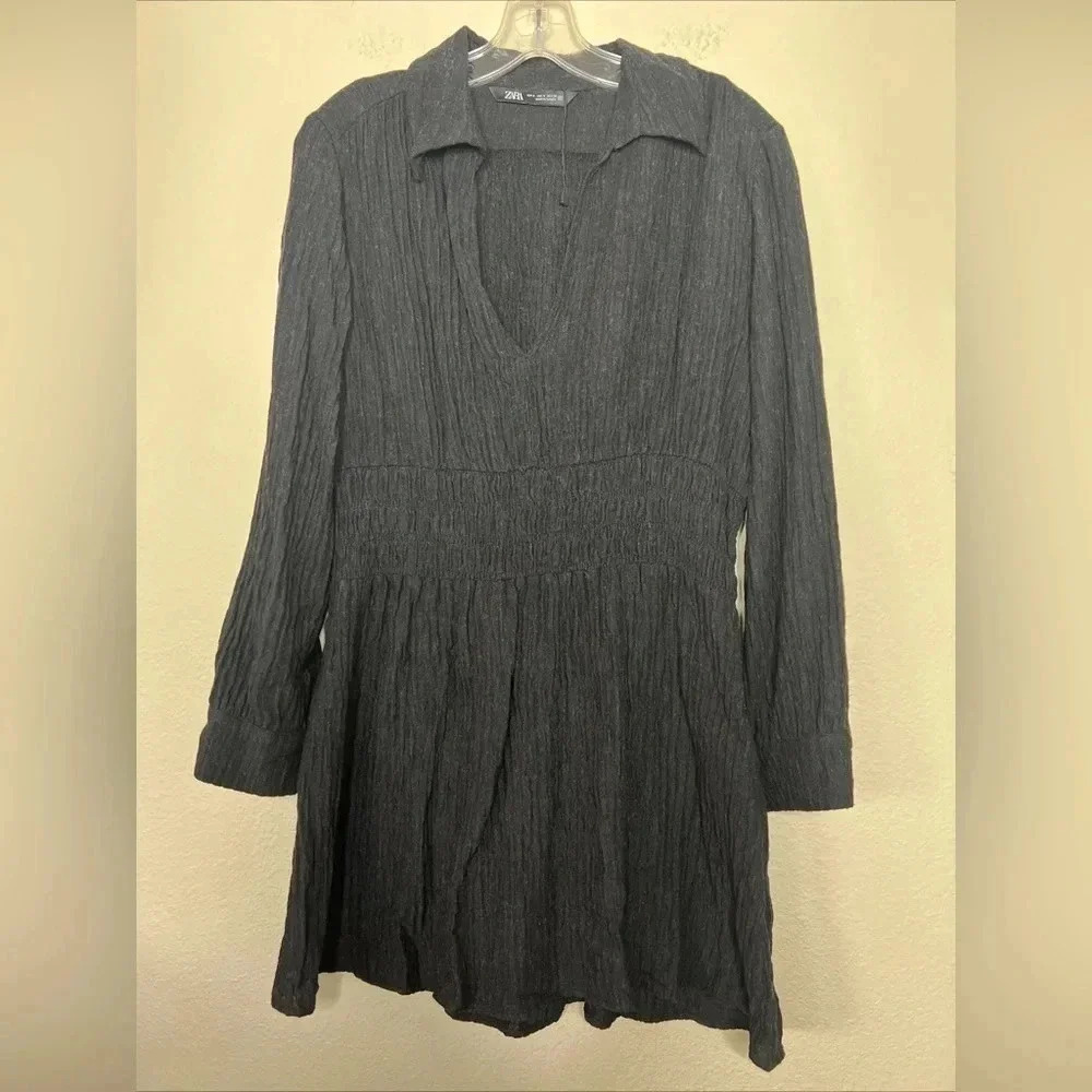 Zara Women's Dress Medium Charcoal Gray Smocked Elastic Waist Dark Academia